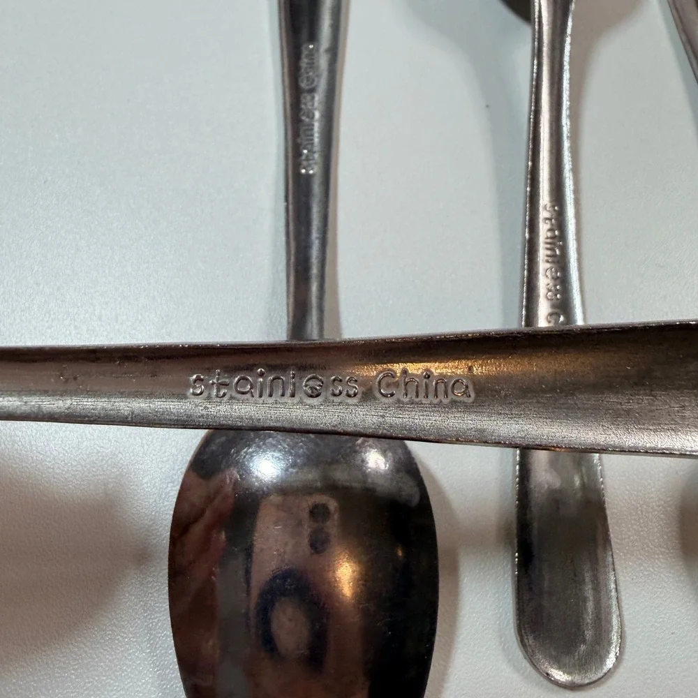 Set of 4 Stainless China Silverware Teaspoons Double Line Border Pattern Silver